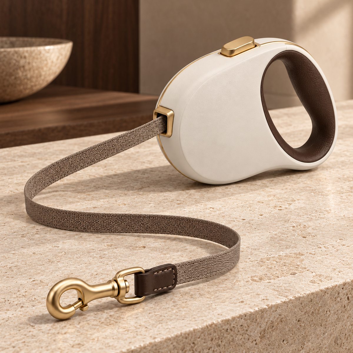 Kindwellia Cream Pet Leash with Oval Handle and Gold-Tone Accents