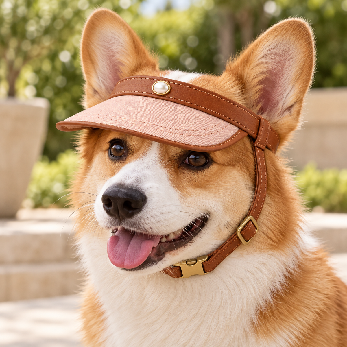 Kindwellia Blush Pink Pet Visor with Brown Trim and Pearl-Look Accent