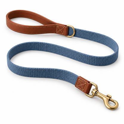 Kindwellia Blue Woven Pet Leash with Brown Loop Handle and Gold-Tone Hardware