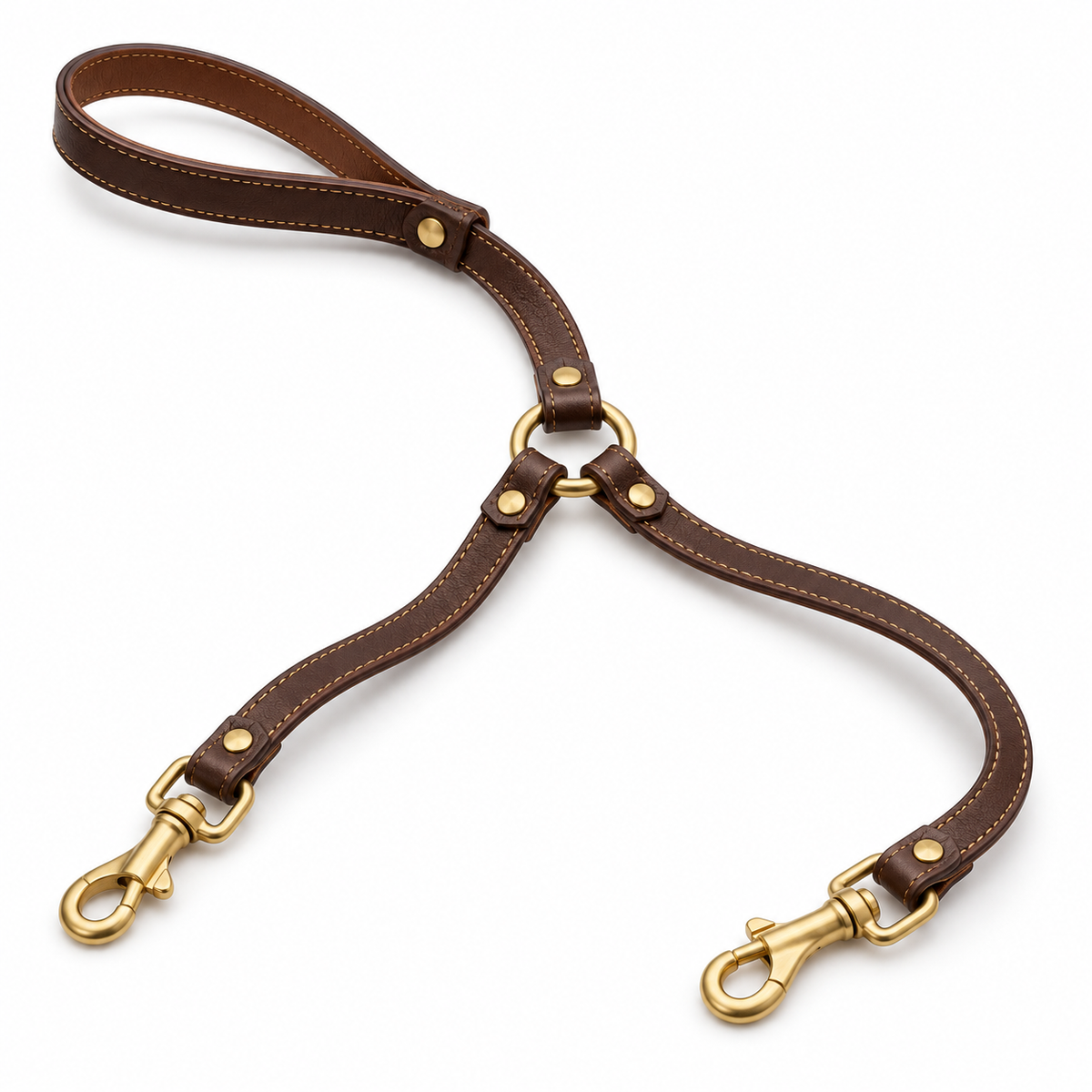 Kindwellia Dark Brown Split Pet Leash with Dual Clips and Gold-Tone Details