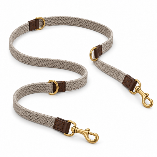 Kindwellia Taupe Woven Pet Leash with Dual Clips and Gold-Tone Rings