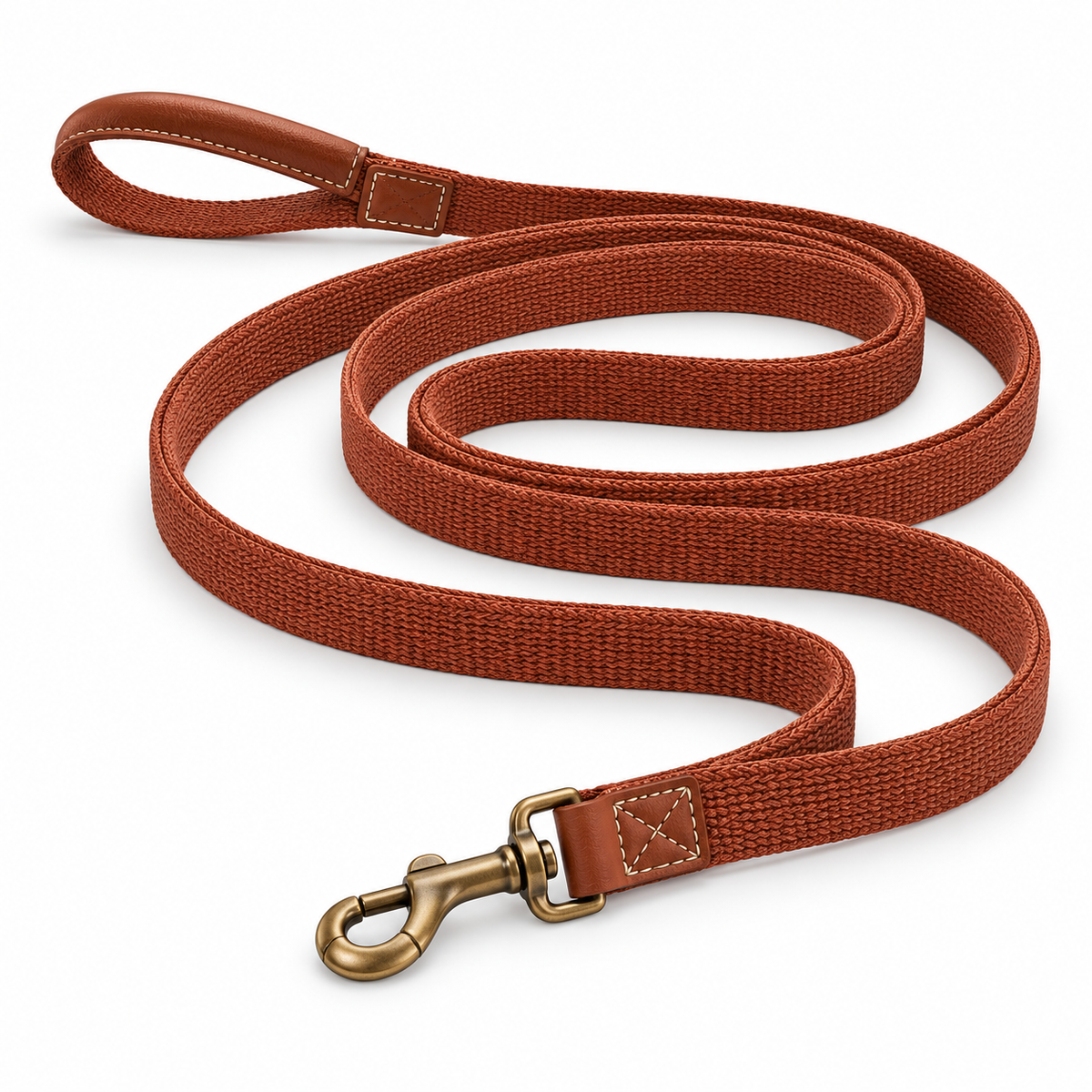 Kindwellia Rust Orange Woven Pet Leash with Brown Handle Detail and Gold-Tone Clip