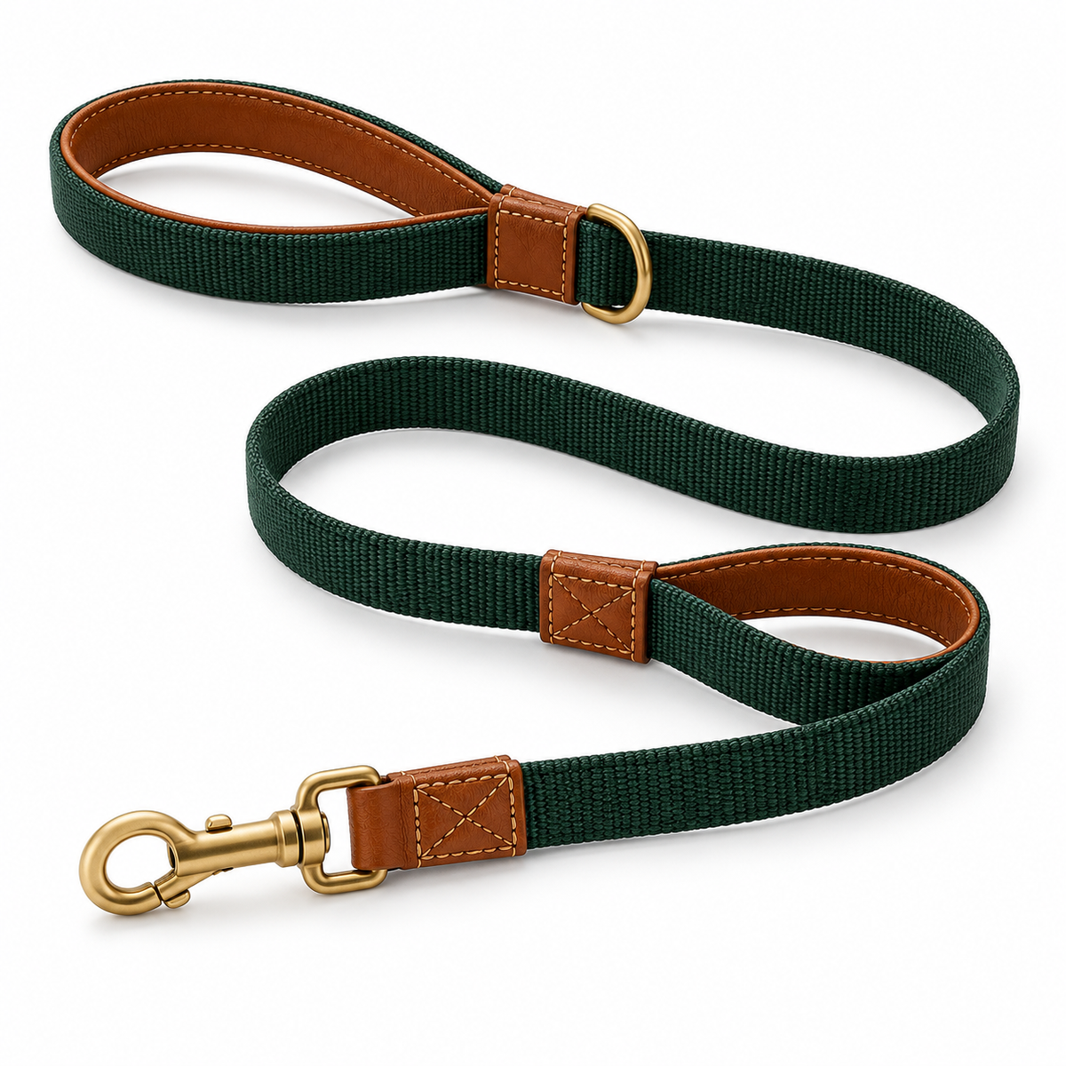 Kindwellia Forest Green Dual-Handle Pet Leash with Brown Trim and Gold-Tone Hardware