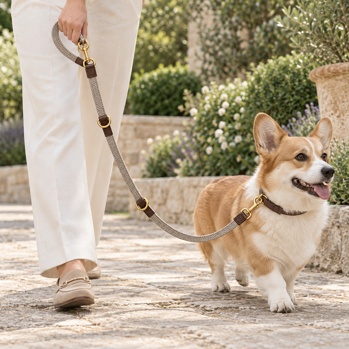 Kindwellia Taupe Woven Pet Leash with Dual Clips and Gold-Tone Rings