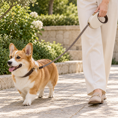 Kindwellia Cream Pet Leash with Oval Handle and Gold-Tone Accents