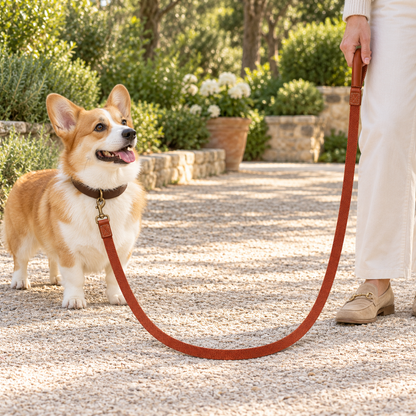 Kindwellia Rust Orange Woven Pet Leash with Brown Handle Detail and Gold-Tone Clip