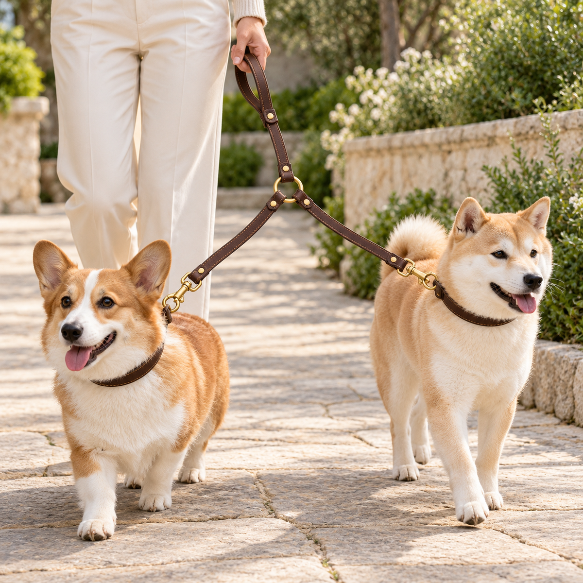 Kindwellia Dark Brown Split Pet Leash with Dual Clips and Gold-Tone Details