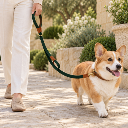 Kindwellia Forest Green Dual-Handle Pet Leash with Brown Trim and Gold-Tone Hardware