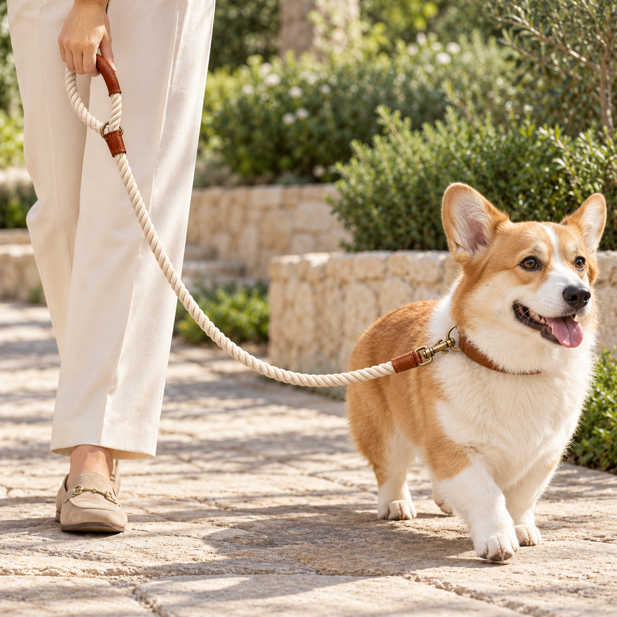 Kindwellia Cream Twisted Rope Pet Leash with Brown Trim and Gold-Tone Clip