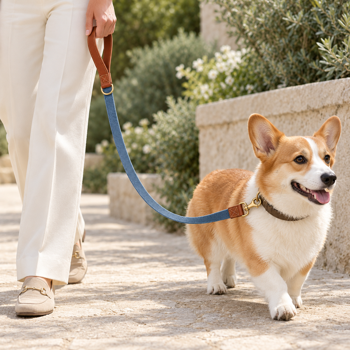 Kindwellia Blue Woven Pet Leash with Brown Loop Handle and Gold-Tone Hardware