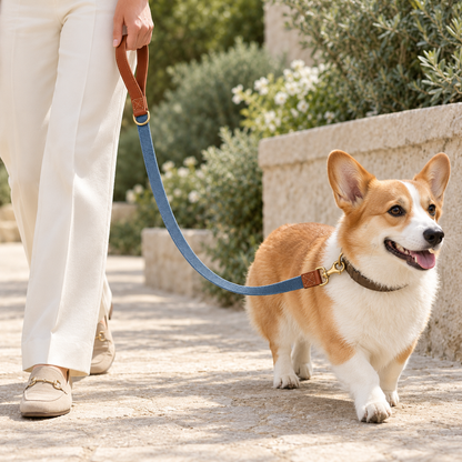 Kindwellia Blue Woven Pet Leash with Brown Loop Handle and Gold-Tone Hardware
