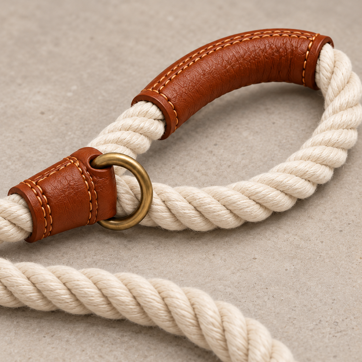 Kindwellia Cream Twisted Rope Pet Leash with Brown Trim and Gold-Tone Clip