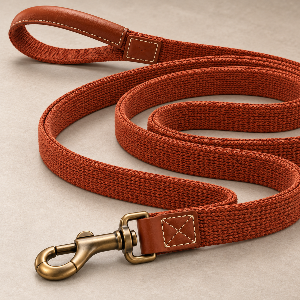 Kindwellia Rust Orange Woven Pet Leash with Brown Handle Detail and Gold-Tone Clip