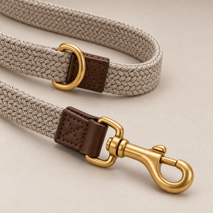 Kindwellia Taupe Woven Pet Leash with Dual Clips and Gold-Tone Rings