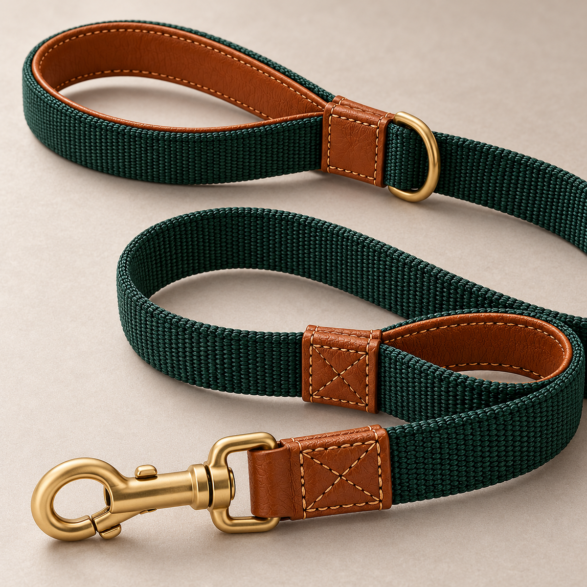 Kindwellia Forest Green Dual-Handle Pet Leash with Brown Trim and Gold-Tone Hardware