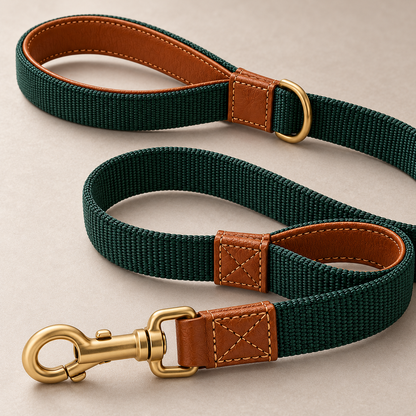 Kindwellia Forest Green Dual-Handle Pet Leash with Brown Trim and Gold-Tone Hardware