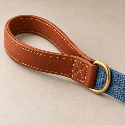 Kindwellia Blue Woven Pet Leash with Brown Loop Handle and Gold-Tone Hardware