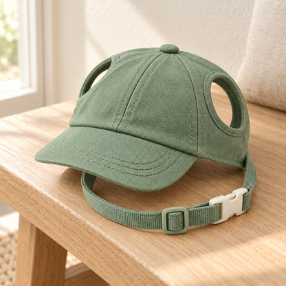 Kindwellia Sage Green Pet Baseball Cap with Ear Openings and Adjustable Chin Strap