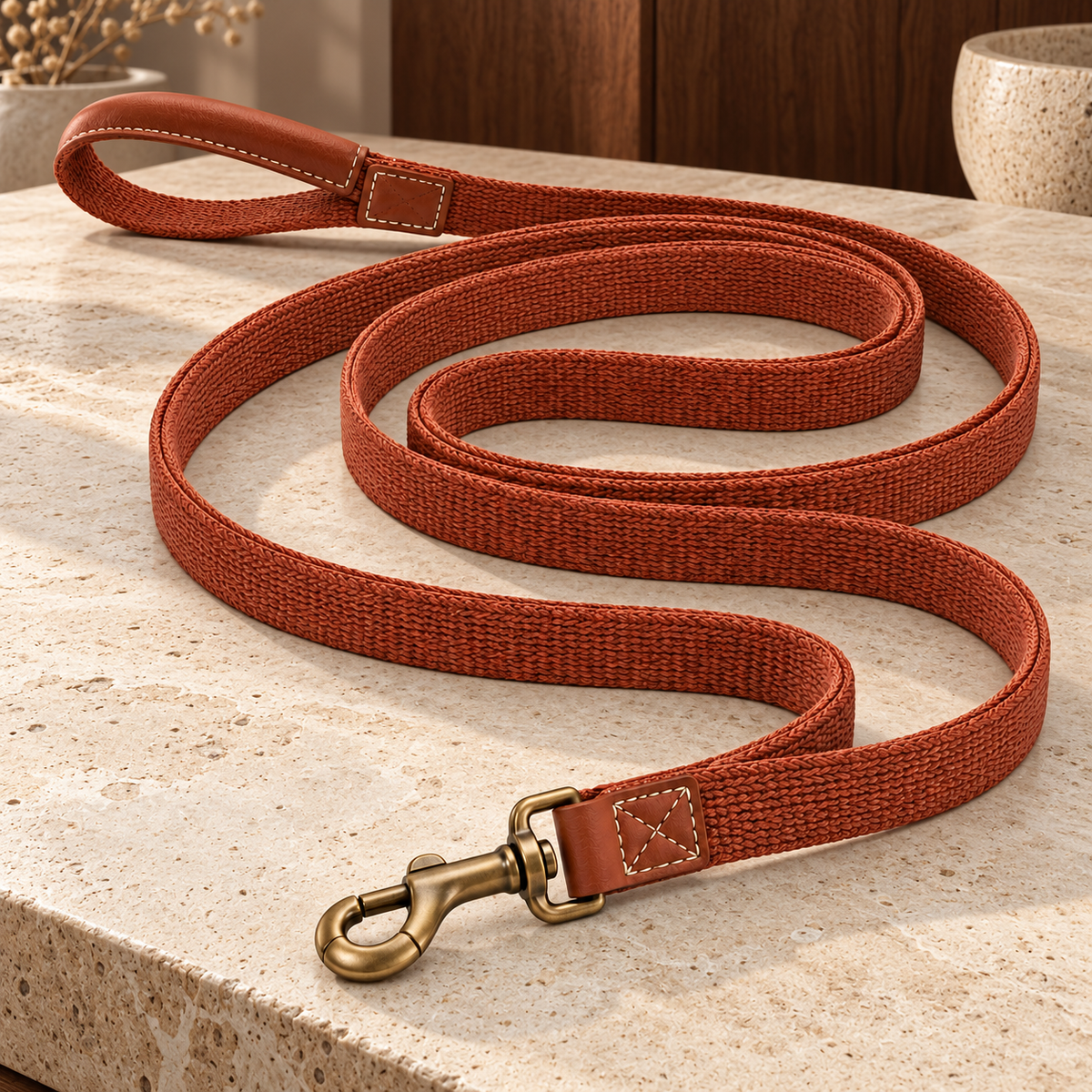 Kindwellia Rust Orange Woven Pet Leash with Brown Handle Detail and Gold-Tone Clip