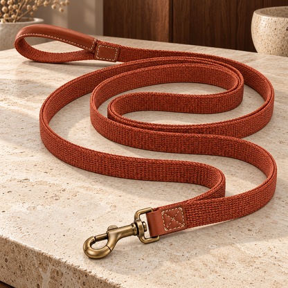 Kindwellia Rust Orange Woven Pet Leash with Brown Handle Detail and Gold-Tone Clip