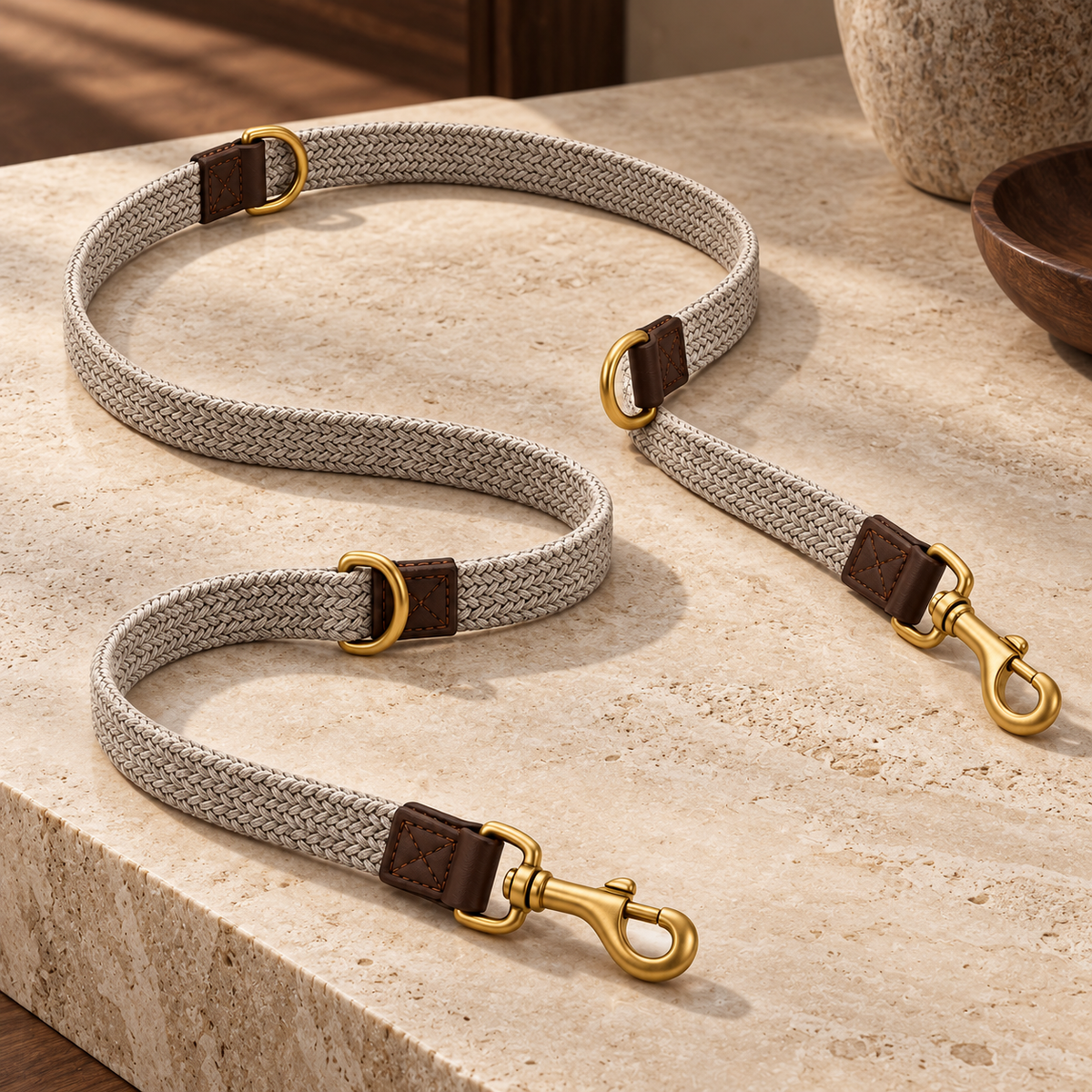 Kindwellia Taupe Woven Pet Leash with Dual Clips and Gold-Tone Rings
