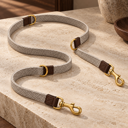 Kindwellia Taupe Woven Pet Leash with Dual Clips and Gold-Tone Rings