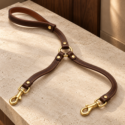 Kindwellia Dark Brown Split Pet Leash with Dual Clips and Gold-Tone Details