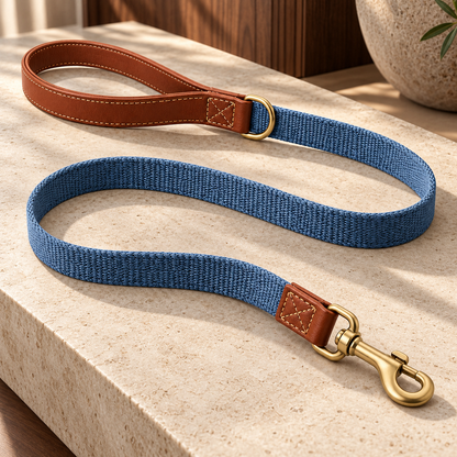 Kindwellia Blue Woven Pet Leash with Brown Loop Handle and Gold-Tone Hardware