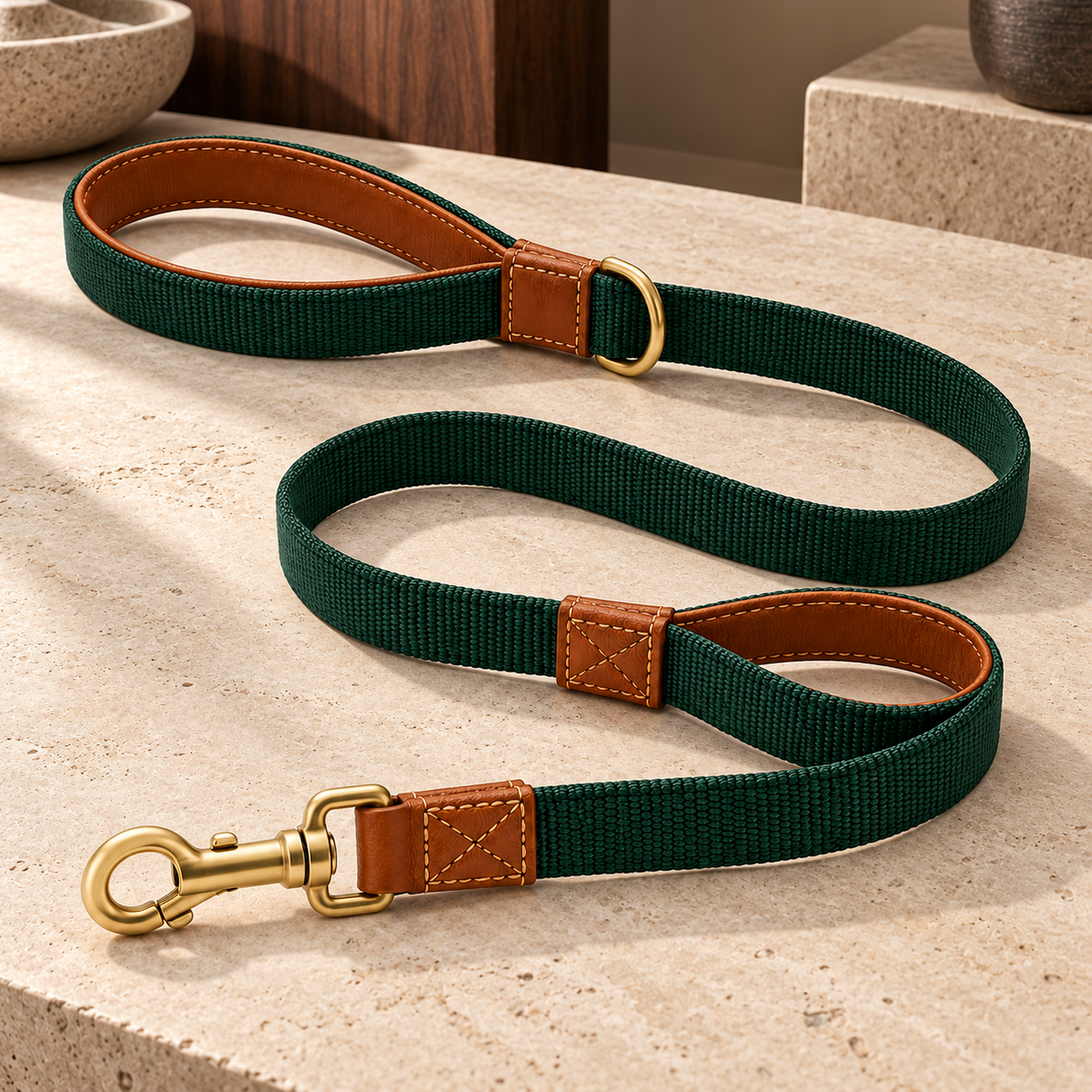 Kindwellia Forest Green Dual-Handle Pet Leash with Brown Trim and Gold-Tone Hardware