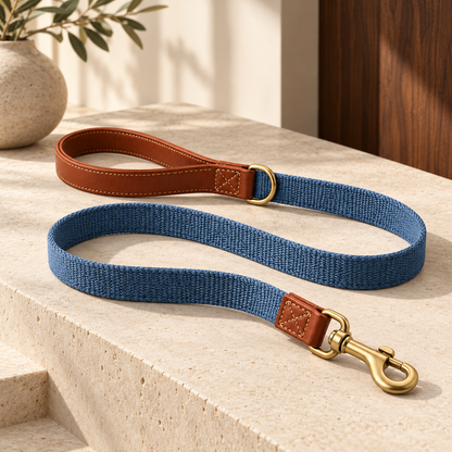 Kindwellia Blue Woven Pet Leash with Brown Loop Handle and Gold-Tone Hardware