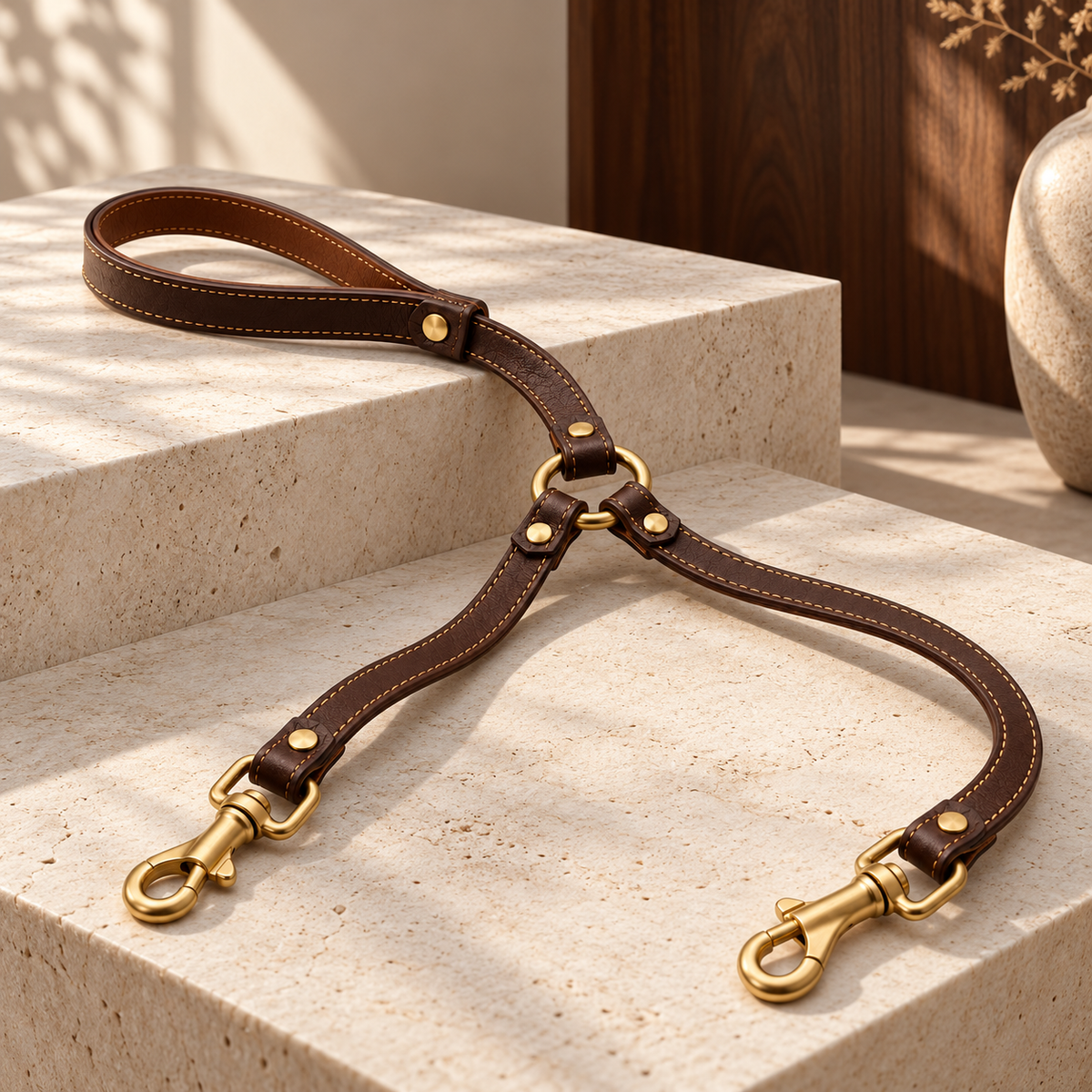 Kindwellia Dark Brown Split Pet Leash with Dual Clips and Gold-Tone Details