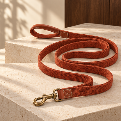 Kindwellia Rust Orange Woven Pet Leash with Brown Handle Detail and Gold-Tone Clip