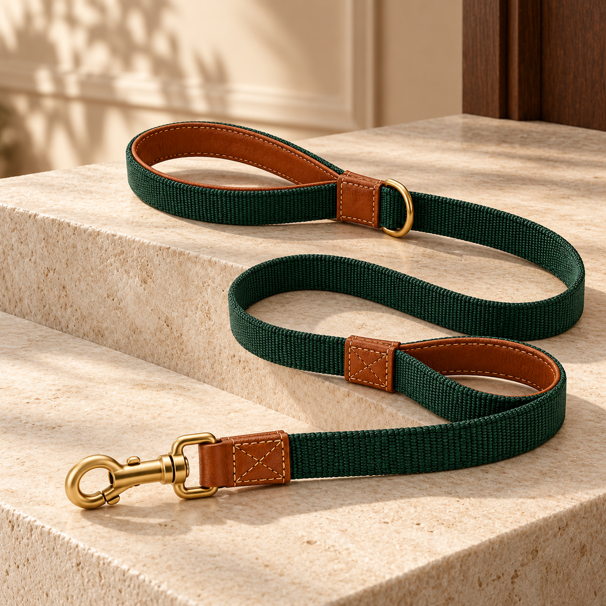 Kindwellia Forest Green Dual-Handle Pet Leash with Brown Trim and Gold-Tone Hardware