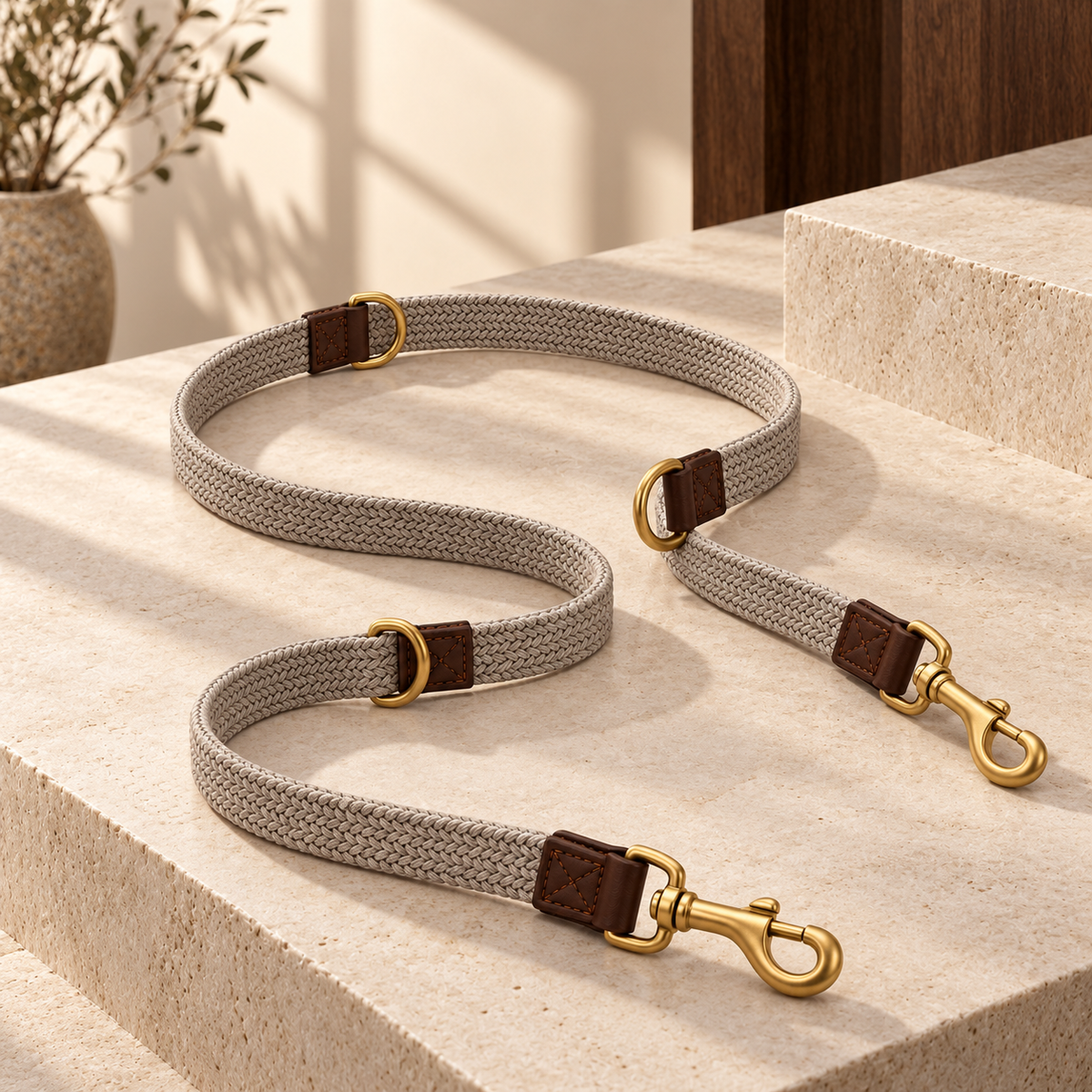 Kindwellia Taupe Woven Pet Leash with Dual Clips and Gold-Tone Rings