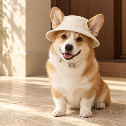 Kindwellia Cream Pet Bucket Hat with Ear Openings and Adjustable Chin Strap