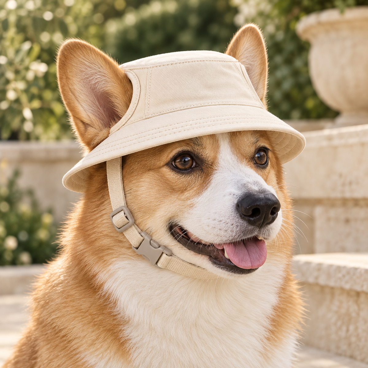 Kindwellia Cream Pet Bucket Hat with Ear Openings and Adjustable Chin Strap