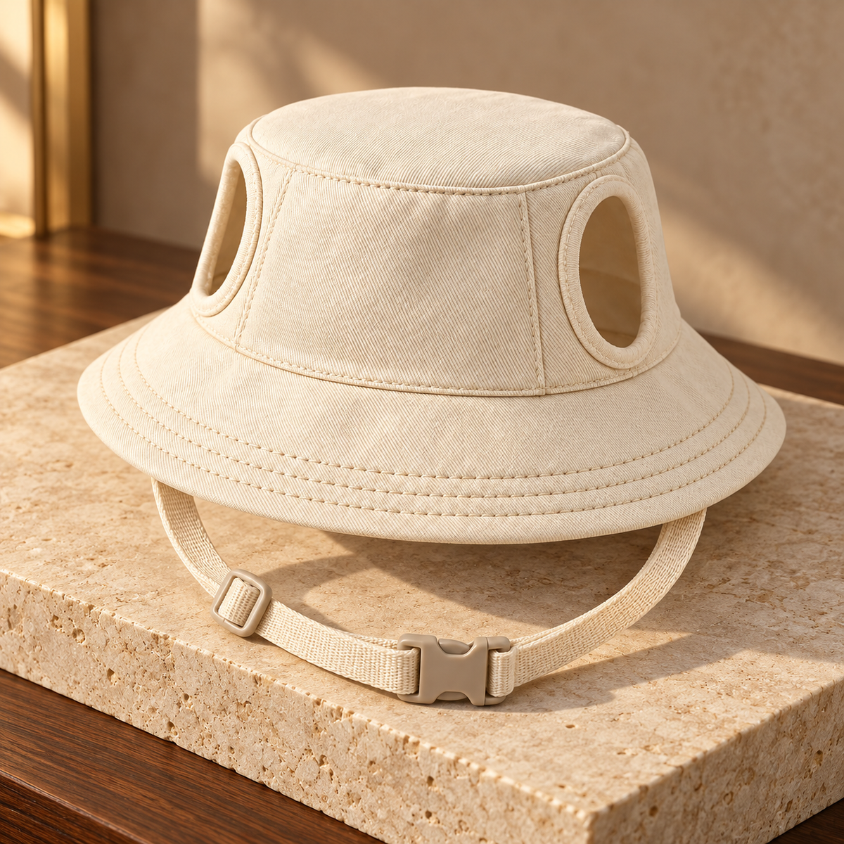 Kindwellia Cream Pet Bucket Hat with Ear Openings and Adjustable Chin Strap