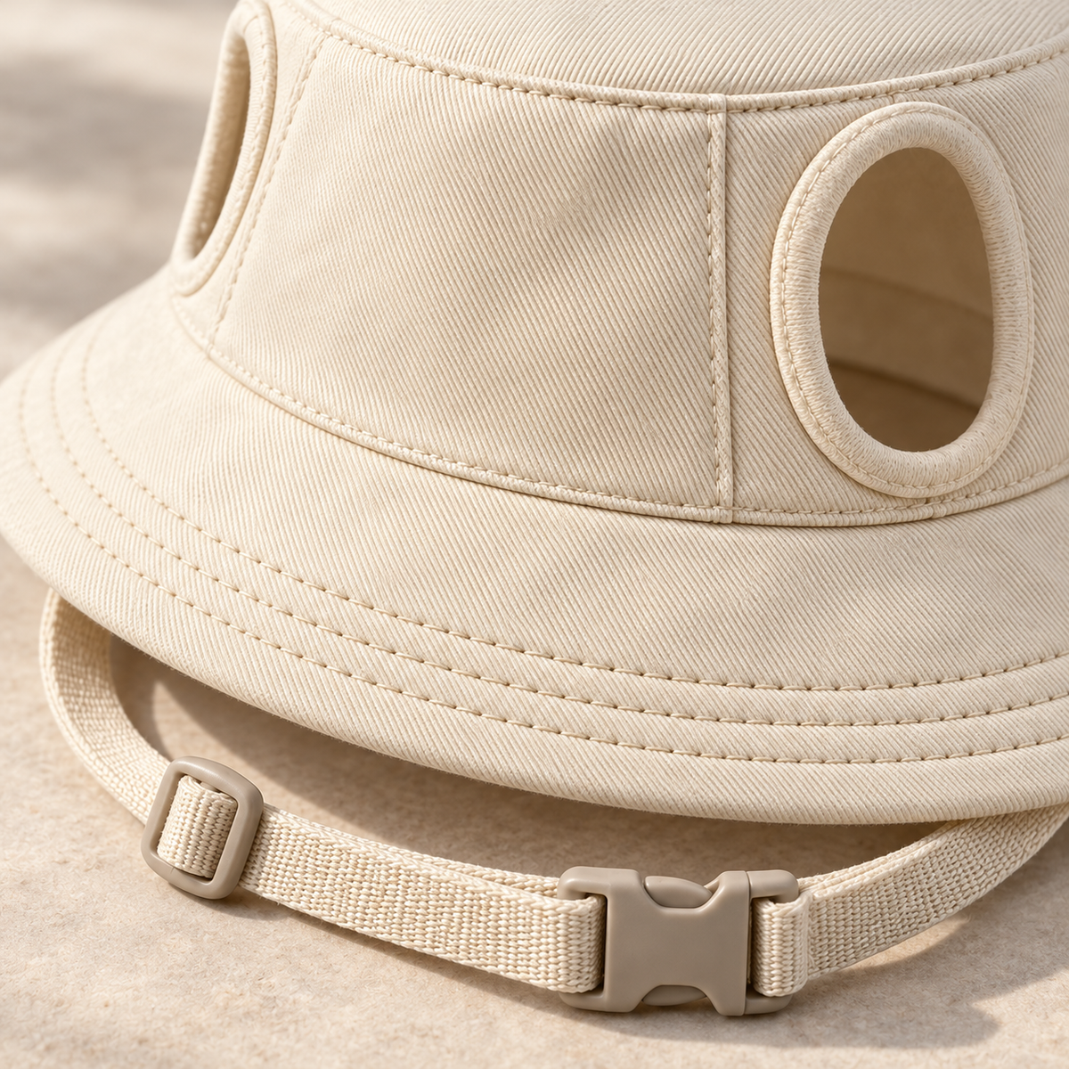 Kindwellia Cream Pet Bucket Hat with Ear Openings and Adjustable Chin Strap