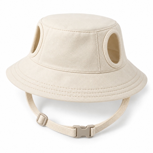 Kindwellia Cream Pet Bucket Hat with Ear Openings and Adjustable Chin Strap
