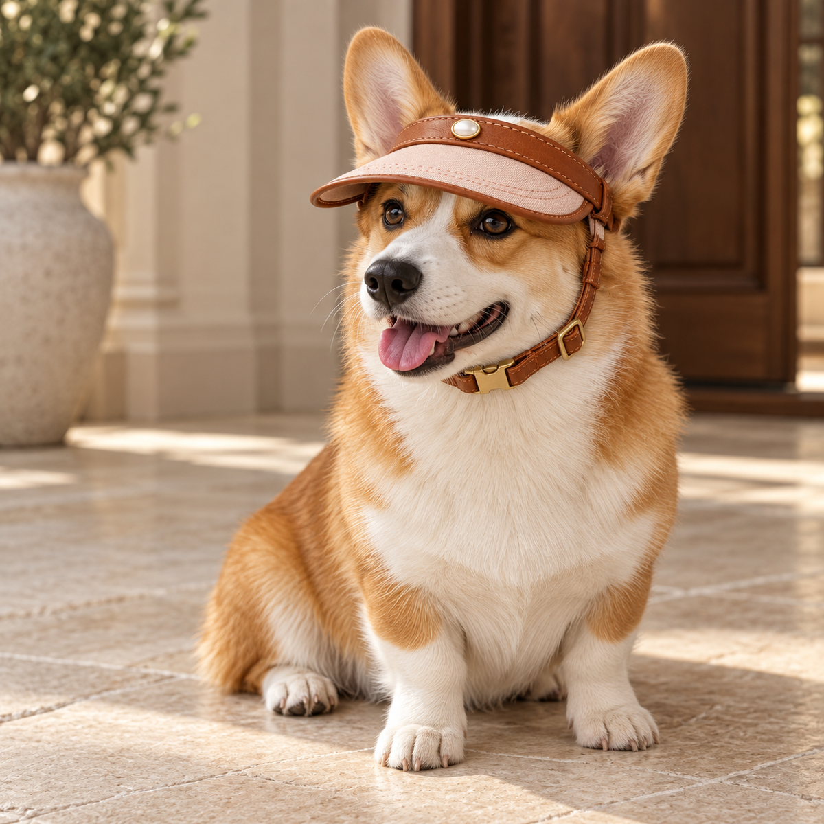 Kindwellia Blush Pink Pet Visor with Brown Trim and Pearl-Look Accent
