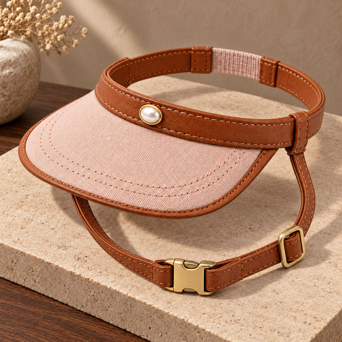 Kindwellia Blush Pink Pet Visor with Brown Trim and Pearl-Look Accent
