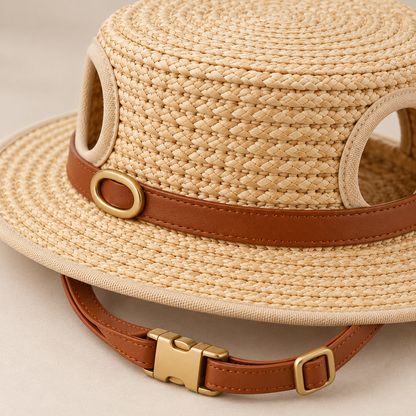 Kindwellia Beige Woven-Look Pet Boater Hat with Brown Band