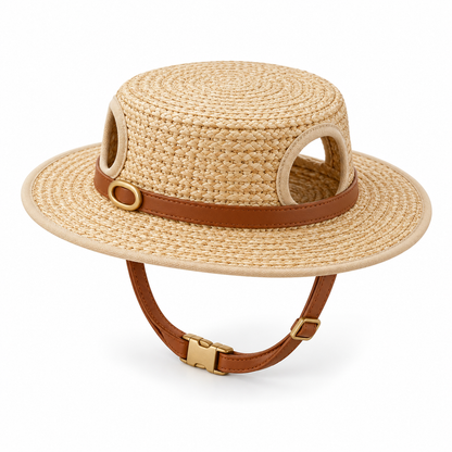 Kindwellia Beige Woven-Look Pet Boater Hat with Brown Band