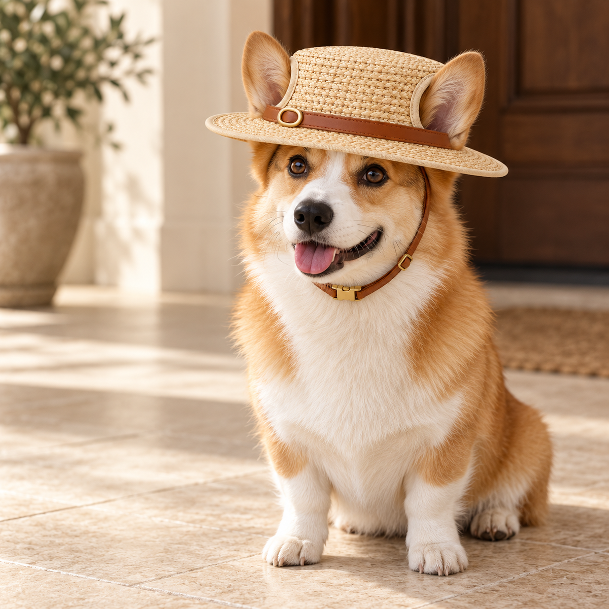 Kindwellia Beige Woven-Look Pet Boater Hat with Brown Band