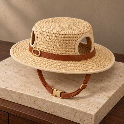 Kindwellia Beige Woven-Look Pet Boater Hat with Brown Band