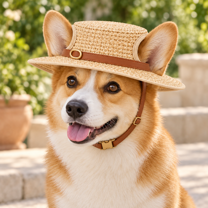 Kindwellia Beige Woven-Look Pet Boater Hat with Brown Band
