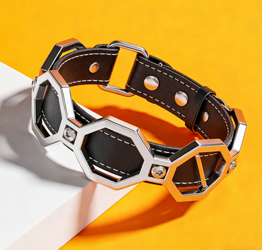 Hexagon Metal Frame Dog Collar | Tactical Style Leather Collar for Medium Large Dogs
