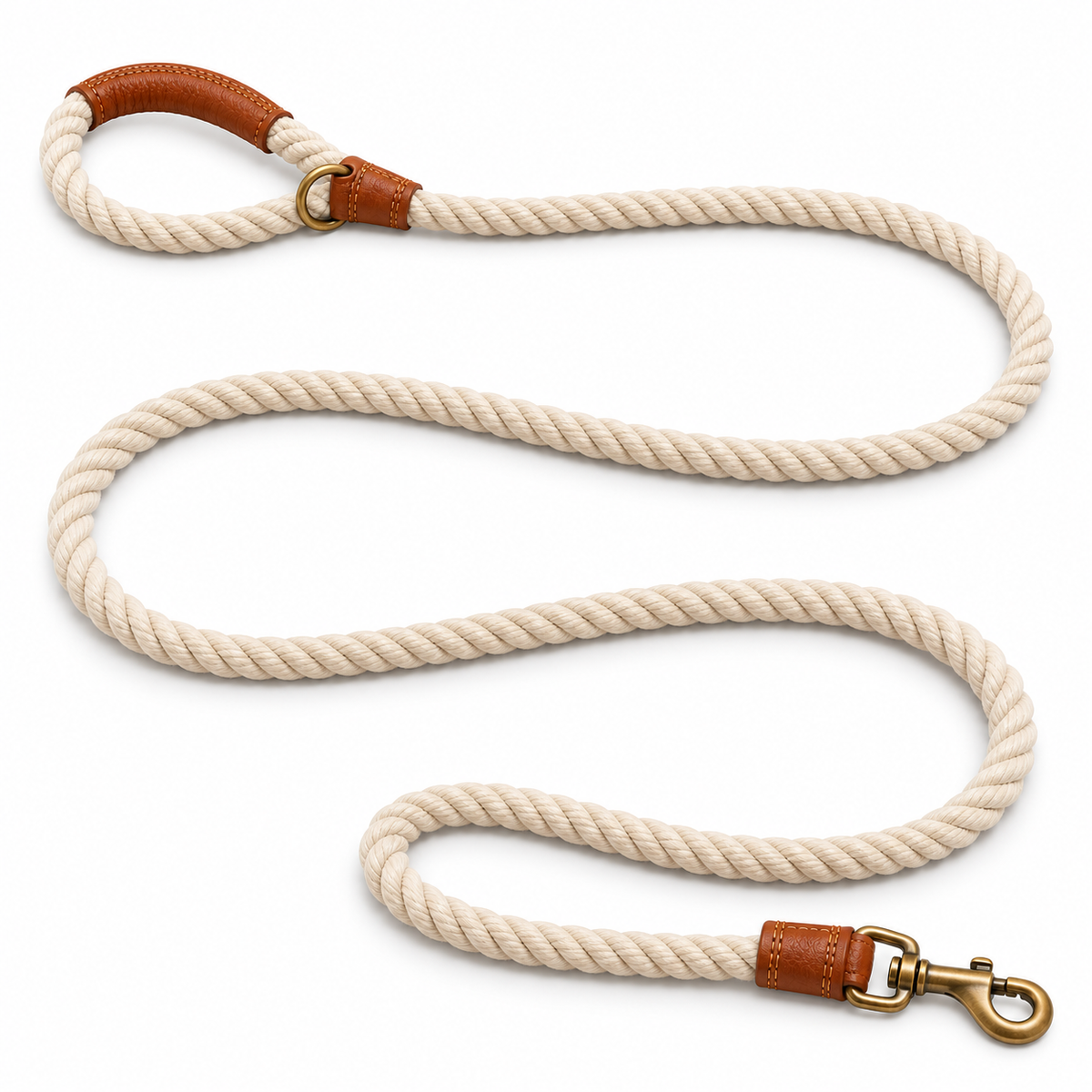 Kindwellia Cream Twisted Rope Pet Leash with Brown Trim and Gold-Tone Clip