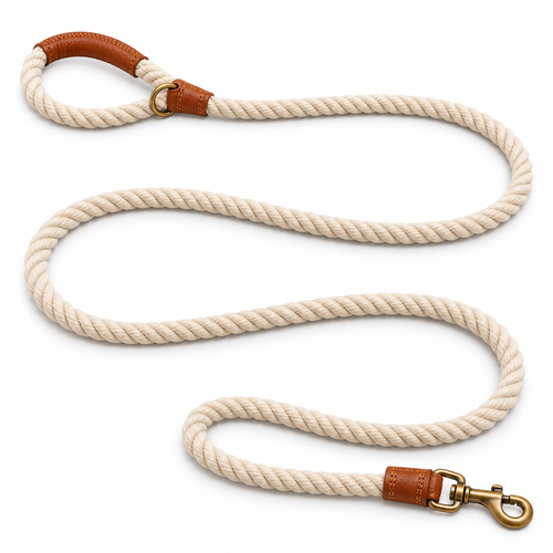 Kindwellia Cream Twisted Rope Pet Leash with Brown Trim and Gold-Tone Clip
