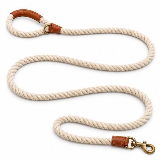 Kindwellia Cream Twisted Rope Pet Leash with Brown Trim and Gold-Tone Clip
